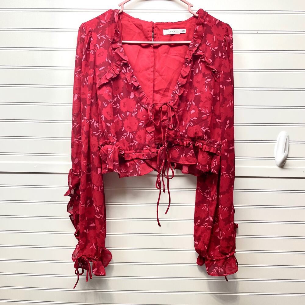 LUSH Cropped Long Sleeve Tie Front Open Back Red Floral Lined Top Size XL
